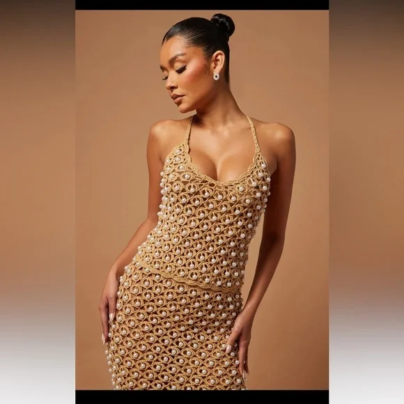 Fashion Nova Miriam Pearl Crochet Cami and Midi Skirt - Taupe, NWT, Size M